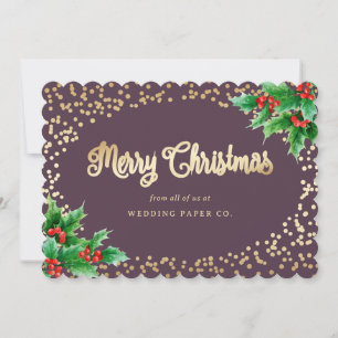 Purple Gold Holly Berries Business Christmas Cards