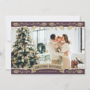 Purple Gold Holly Photo Christmas Blessings Holiday Card