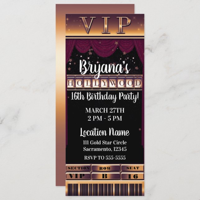 Purple Gold HOLLYWOOD Birthday Party VIP Ticket Invitation (Front/Back)