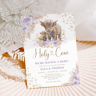 Purple Gold Holy Cow Boho Pampas Girl Baby Shower Invitation