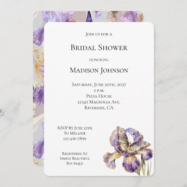 Purple Gold Iris Floral Butterfly Bridal Shower Invitation (Front/Back)