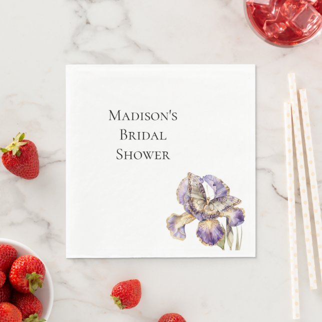 Purple Gold Iris Floral Butterfly Bridal Shower Napkin (Insitu)