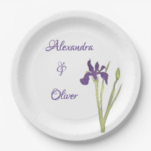 Purple & Gold Iris Watercolor Wedding Paper Plate