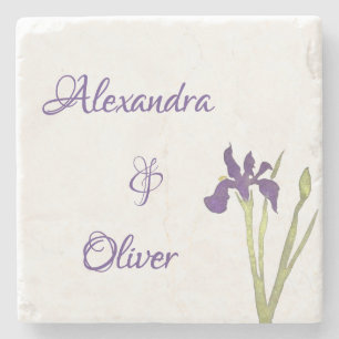 Purple & Gold Iris Watercolor Wedding Stone Coaster