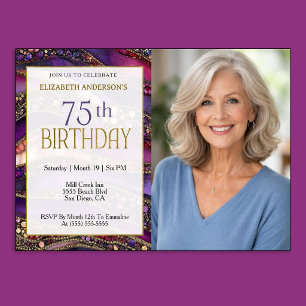 Purple Gold Jewelled Strata 75th Birthday Photo Invitation