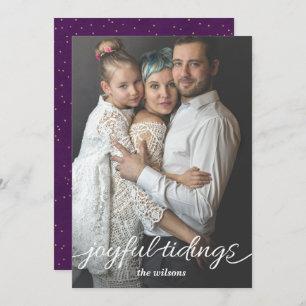 purple Gold Joyful Tidings Script Custom Photo  Holiday Card