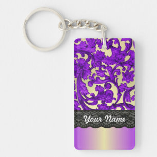 Purple & gold lace damask key ring