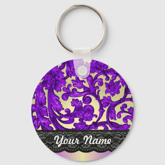 Purple & gold lace damask key ring (Front)
