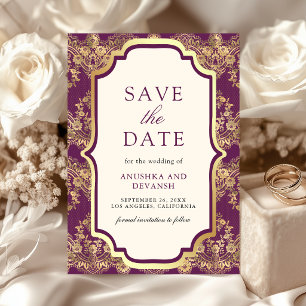 Purple Gold Lace Indian Wedding Save The Date