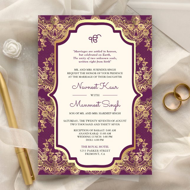 Purple Gold Lace QR Code Anand Karaj Sikh Wedding Invitation (Creator Uploaded)