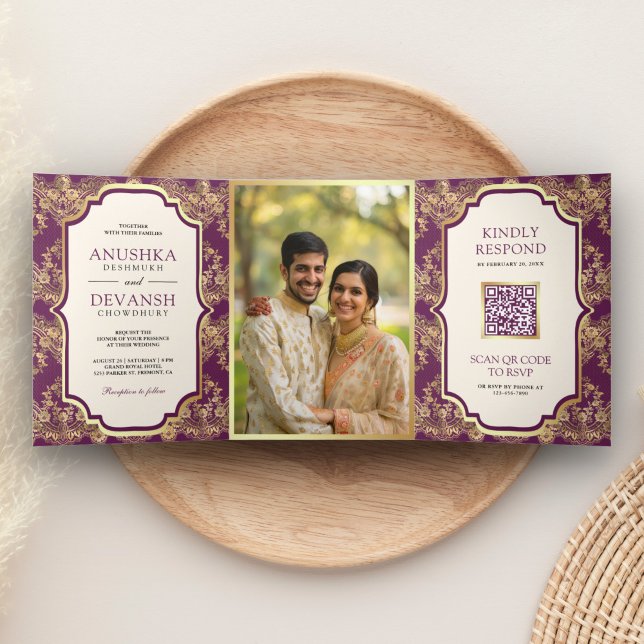 Purple Gold Lace QR Code Photo Indian Wedding Tri-Fold Invitation (Creator Uploaded)