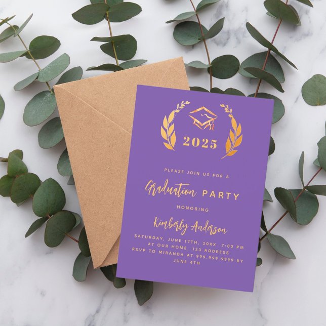 Purple gold laurel wreath 2025 Graduation Party Invitation (Creator Uploaded)