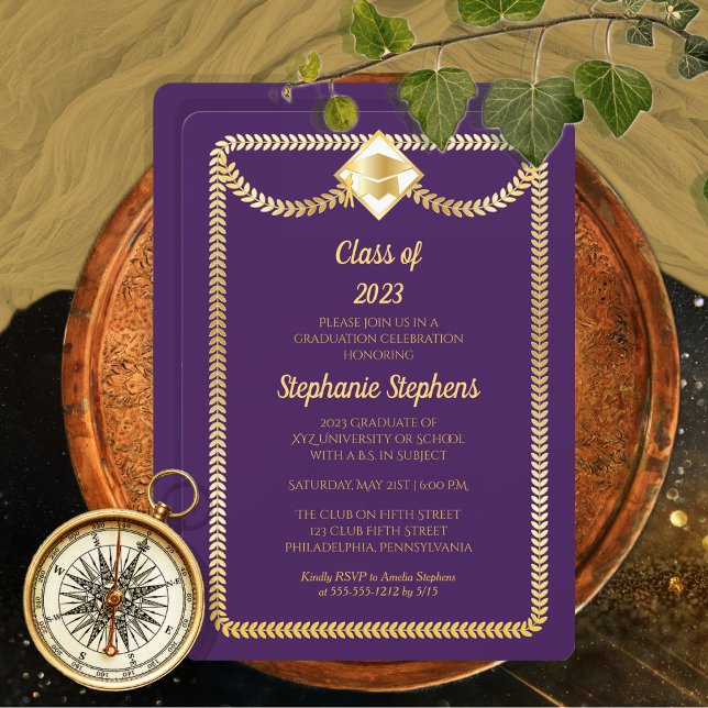 Purple | Gold Leaves Graduation Party Invitation (Creator Uploaded)
