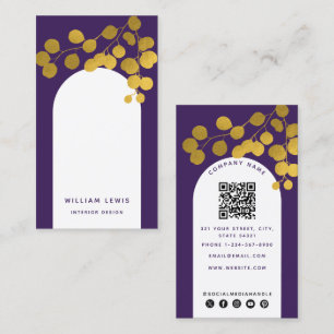 Purple Gold Leaves Modern Arch QR Code Business Card