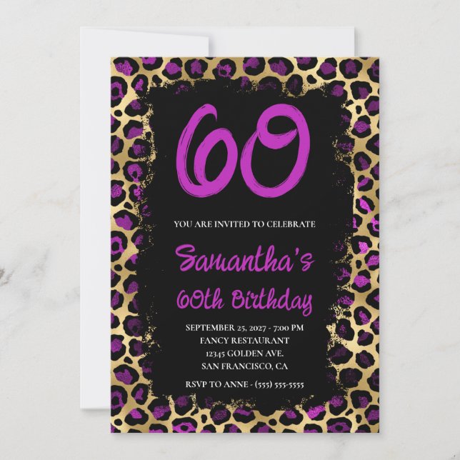 Purple Gold Leopard Painted Black 60th Birthday Invitation (Front)