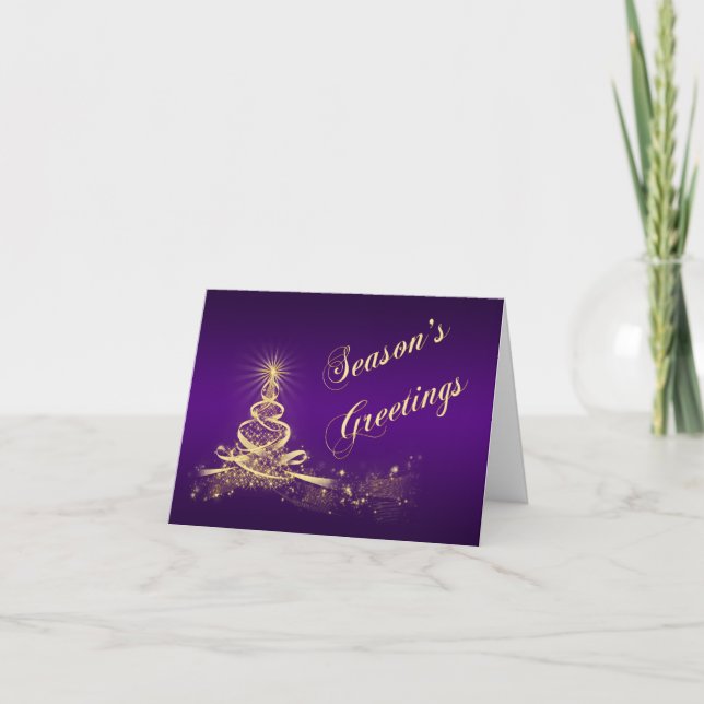 Purple, Gold Lighted Tree Corporate Holiday Card (Front)