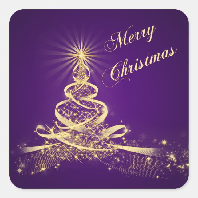 Purple, Gold  Lighted Tree Merry Christmas Sticker (Front)