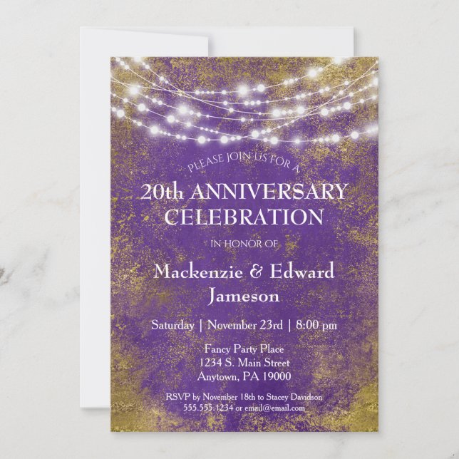 Purple Gold Lights Anniversary Party Invitation (Front)