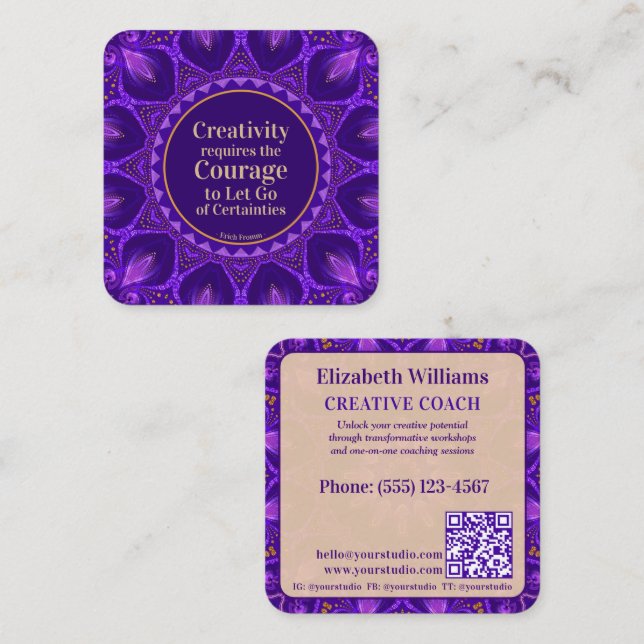 Purple Gold Mandala Creative Coach w/ QR code Square Business Card (Front/Back)