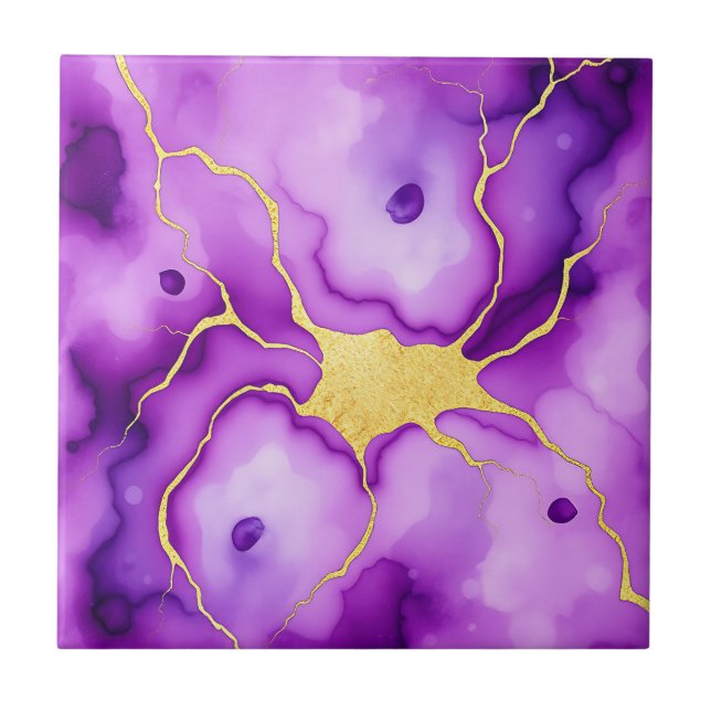 Purple Gold Marble Abstract Pattern Ceramic Tile (Front)