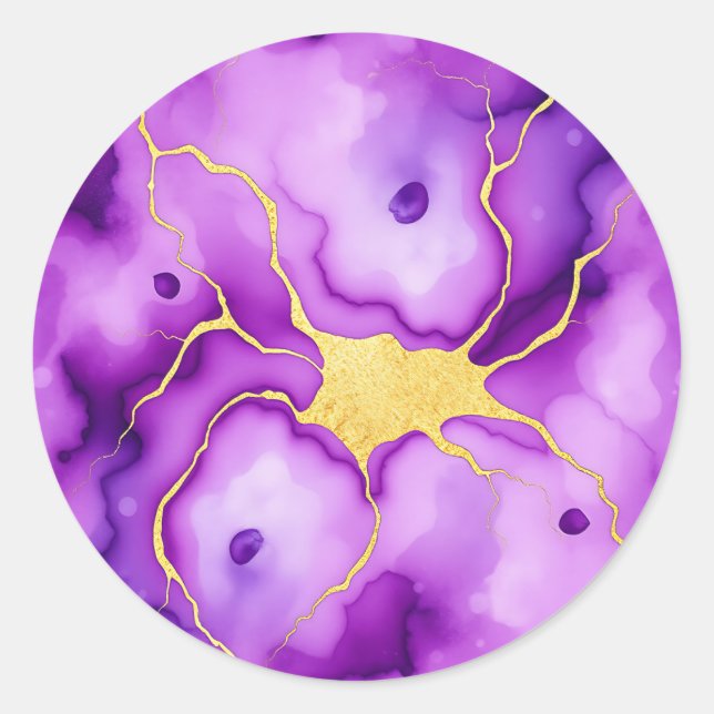 Purple Gold Marble Abstract Pattern Classic Round Sticker (Front)