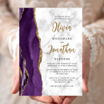 Purple Gold Marble Agate Calligraphy Wedding Invitation<br><div class="desc">The left-hand edge of this elegant modern wedding invitation features a purple watercolor agate border trimmed with faux gold glitter. The customisable text combines gold-coloured calligraphy script and black sans serif fonts on a grey and white marble background. The reverse side features a matching purple and gold agate design.</div>
