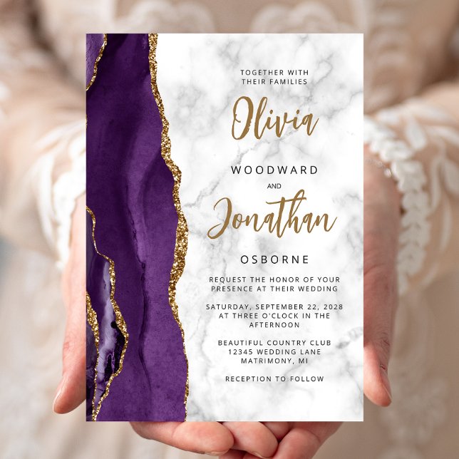 Purple Gold Marble Agate Calligraphy Wedding Invitation (Creator Uploaded)
