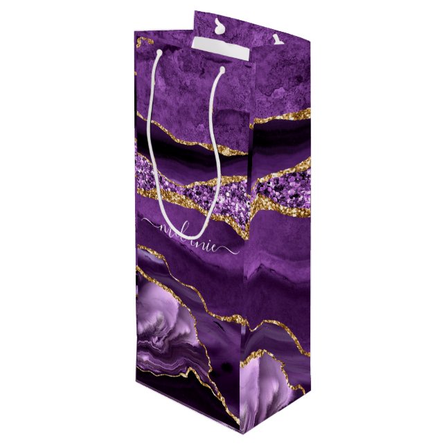 Purple Gold Marble Custom Your Name Wine Gift Bag (Back Angled)