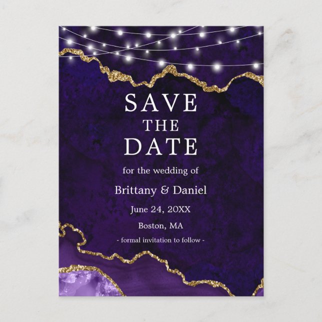 Purple Gold Marble Geode Lights Save The Date Announcement Postcard (Front)