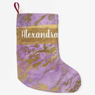 Purple & Gold Marble Glitter and Sparkle Monogram Small Christmas Stocking