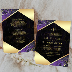 Purple Gold Marble Monogram All in One Wedding Invitation