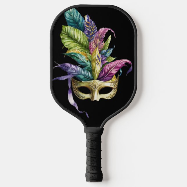 PURPLE & GOLD MARDI GRAS MASKS & FEATHERS PICKLEBALL PADDLE (Front)