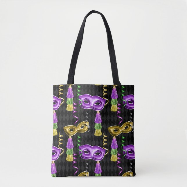 PURPLE & GOLD MARDI GRAS MASKS & TASSELS TOTE BAG (Front)