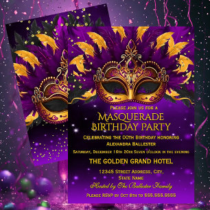 Purple Gold Masks Masquerade Birthday Party Invitation