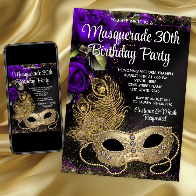 Purple Gold Masquerade Party Invitation (Purple and gold masquerade party and event invitation. Any number birthday. Download and printed.)