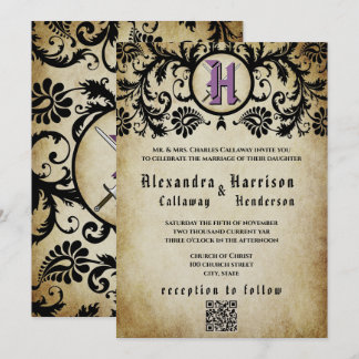 Purple & Gold Mediaeval Middle Ages Damask Wedding Invitation