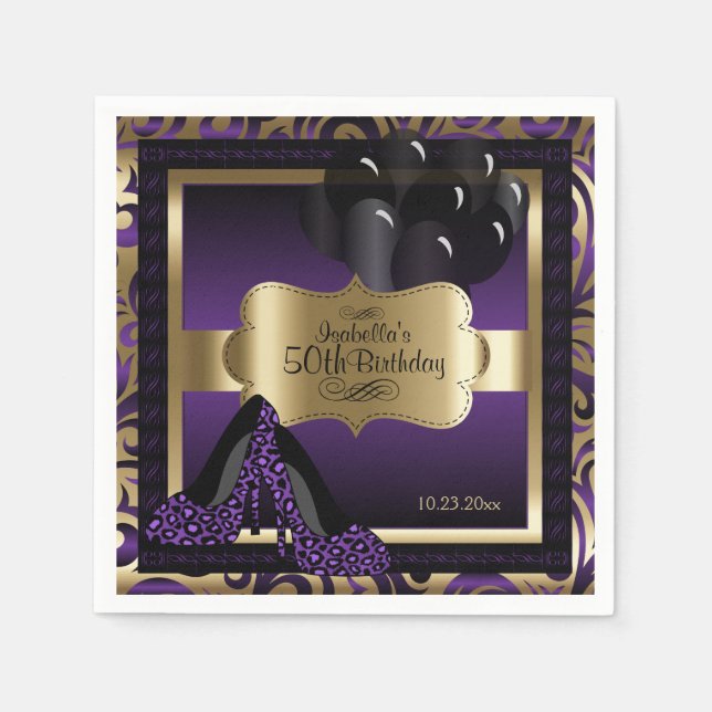 Purple & Gold Metallic - 00th Birthday  | DIY Text Napkin (Front)