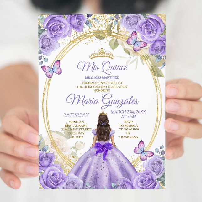 Purple & Gold Mis Quince 15 Anos Butterfly Crown Invitation (Creator Uploaded)