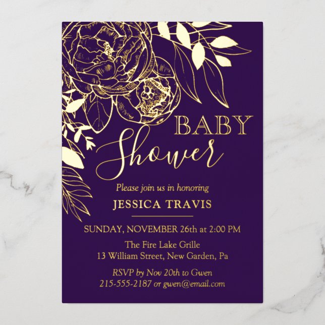 Purple & Gold Modern Floral Baby Shower (Front)