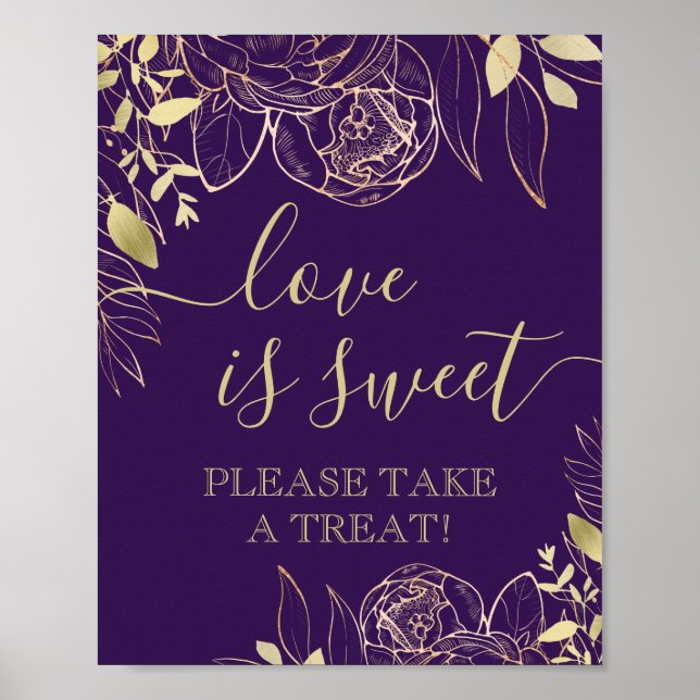 Purple & Gold Modern Floral Sweet Favour Table Poster (Front)