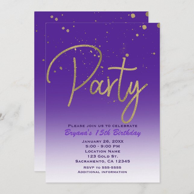 Purple & Gold Modern Glam Birthday Party Chic Invitation (Front/Back)