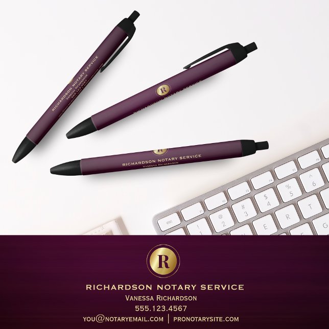 Purple Gold Monogram Notary Business Elegant  Black Ink Pen (Creator Uploaded)