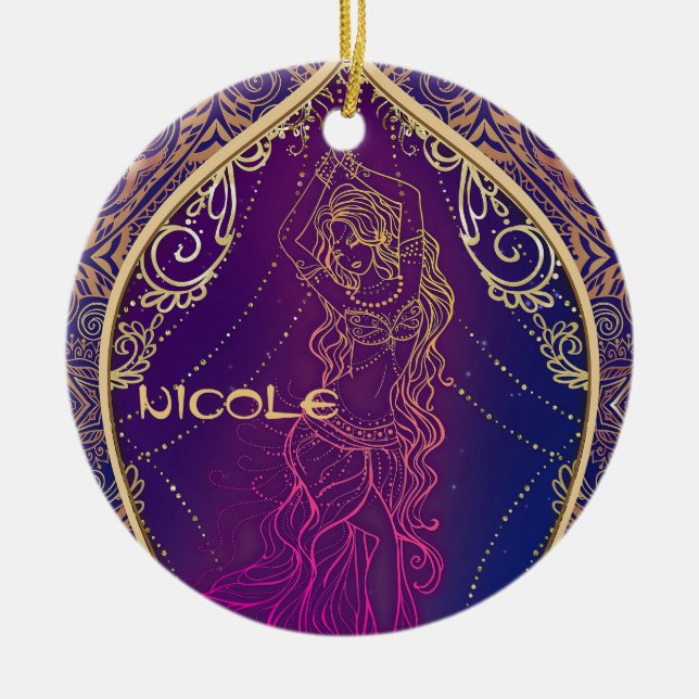 Purple & Gold Moroccan Arabian Belly Dancing Glam Ceramic Ornament (Front)