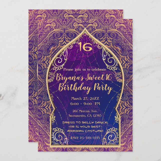 Purple & Gold Moroccan Arabian Belly Dancing Party Invitation (Front/Back)