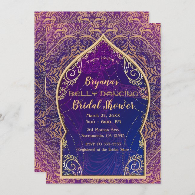 Purple Gold Moroccan Belly Dancing Bridal Shower Invitation (Front/Back)
