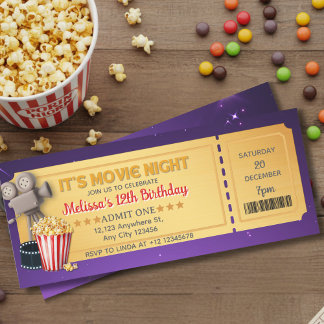 Purple Gold Movie Night Ticket Birthday Party  
