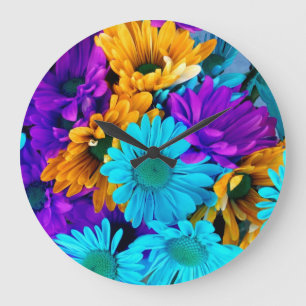 Purple Gold N Turquoise Daisies Large Clock