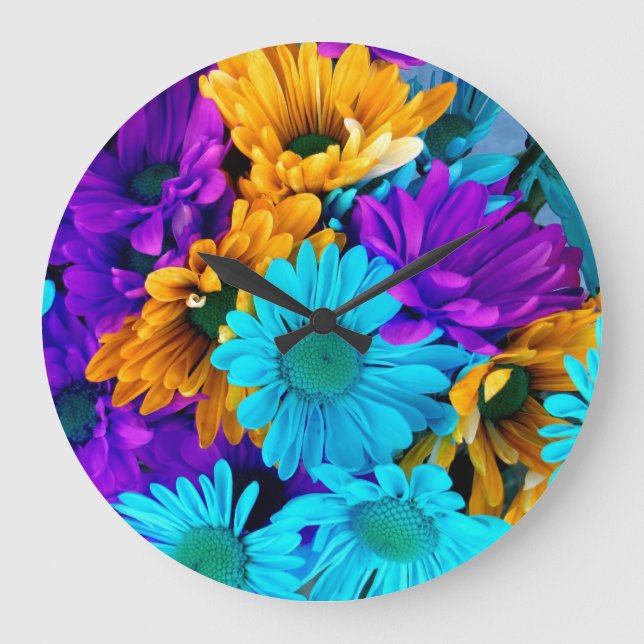 Purple Gold N Turquoise Daisies Large Clock (Front)