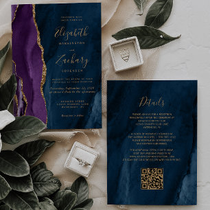 Purple Gold Navy Blue Agate QR Code Wedding Invitation