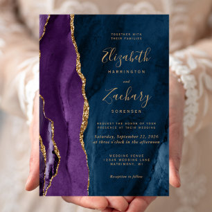 Purple Gold Navy Blue Agate Wedding Invitation